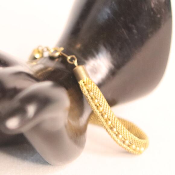 Woven Gold Tone Metal Bracelet With Golden Beads - Picture 2 of 11